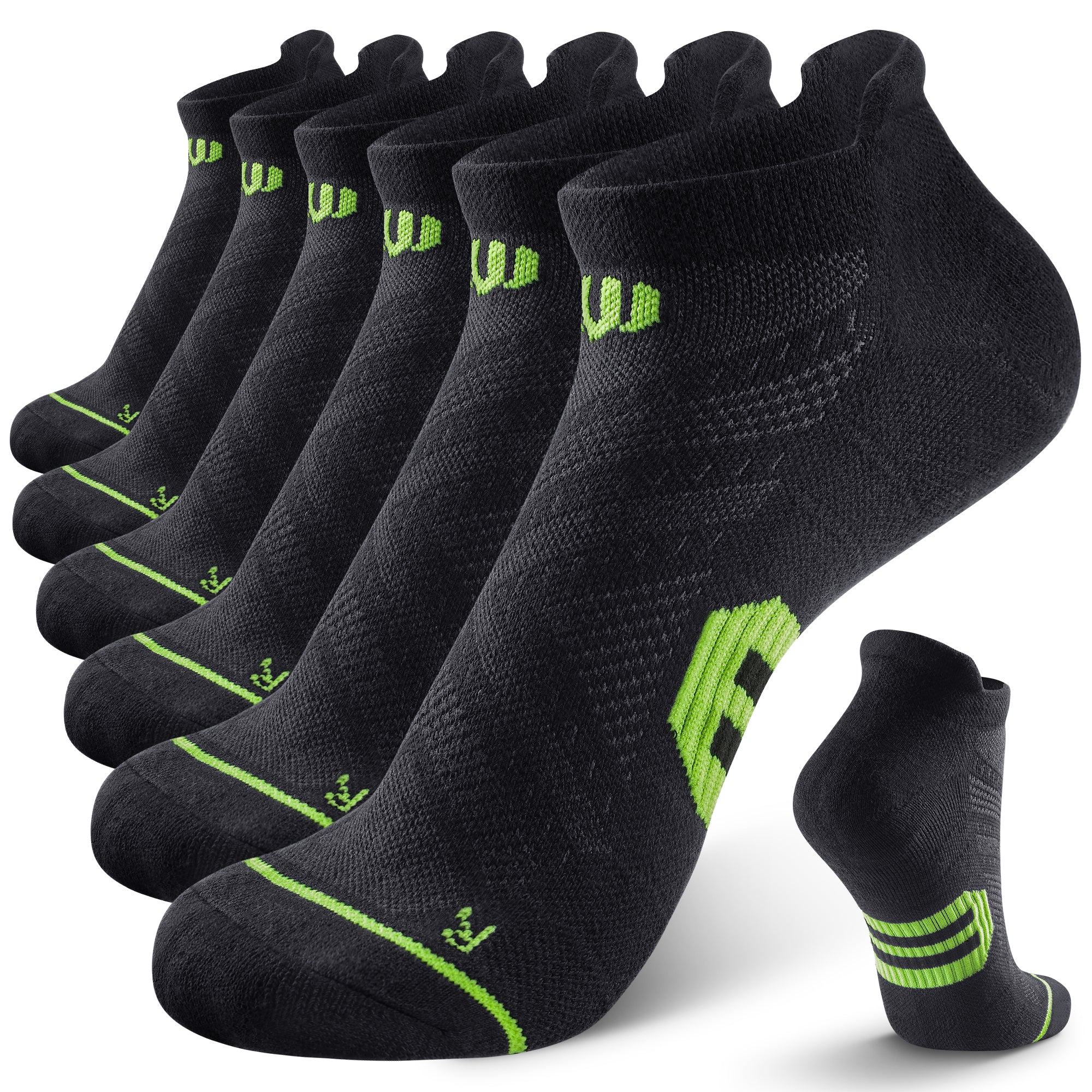 6 Pairs Low Cut Running Socks - Black/Green