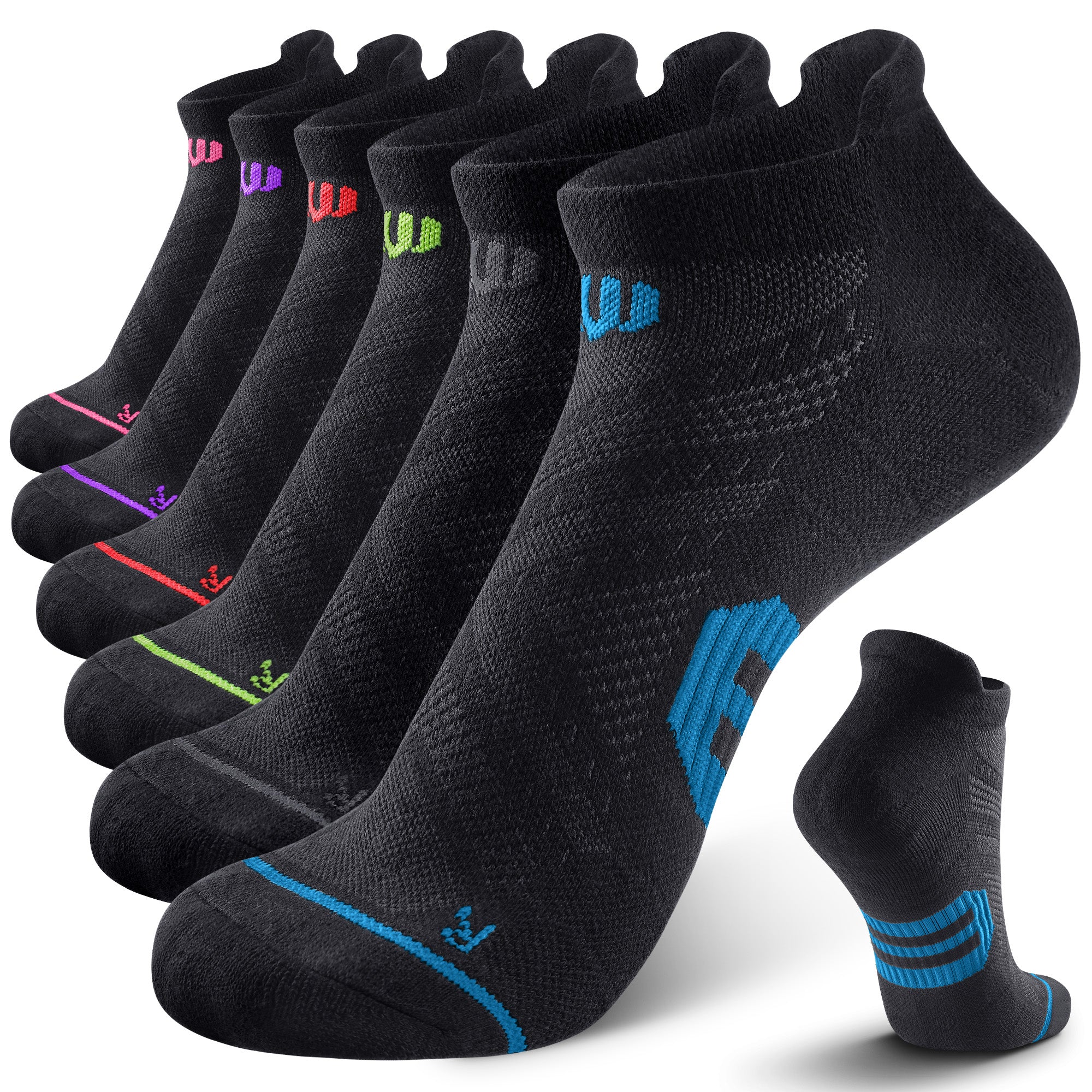 6 Pairs Low Cut Running Socks - Black/Multicolor