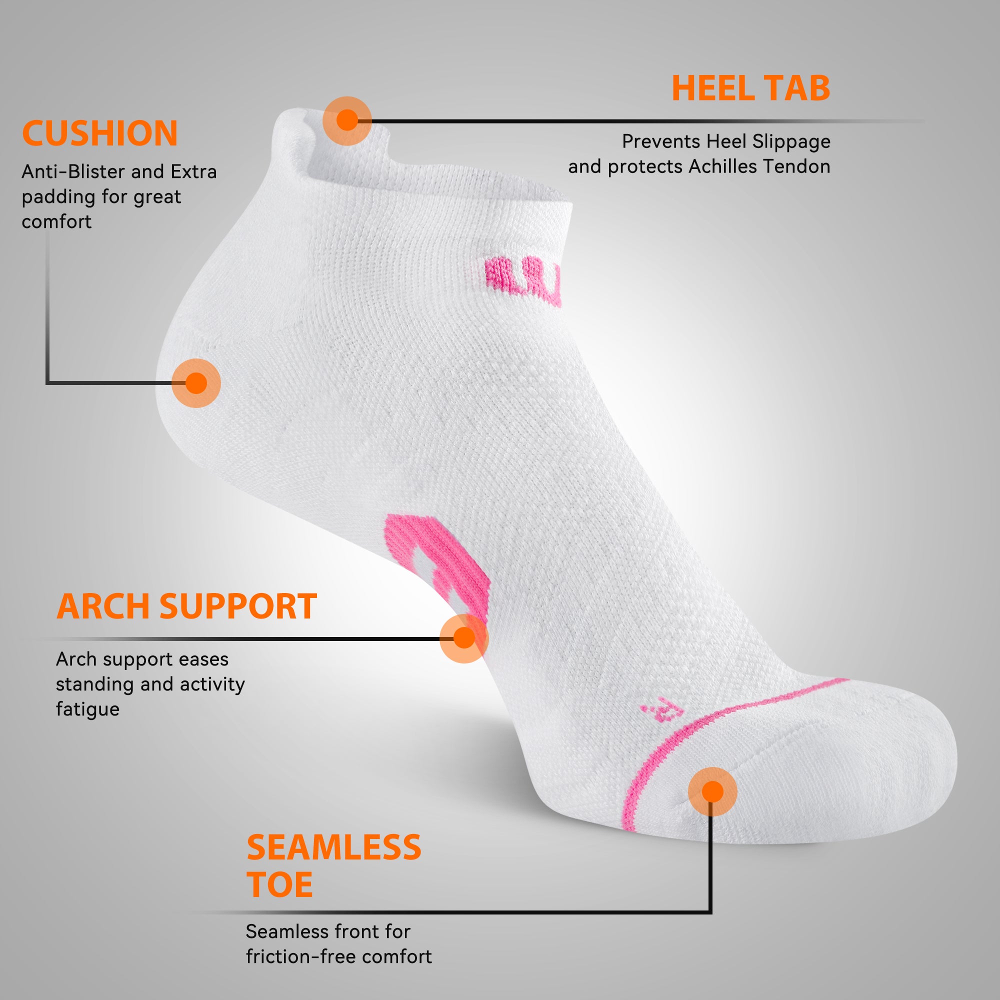 6 Pairs Low Cut Running Socks - White/Grey
