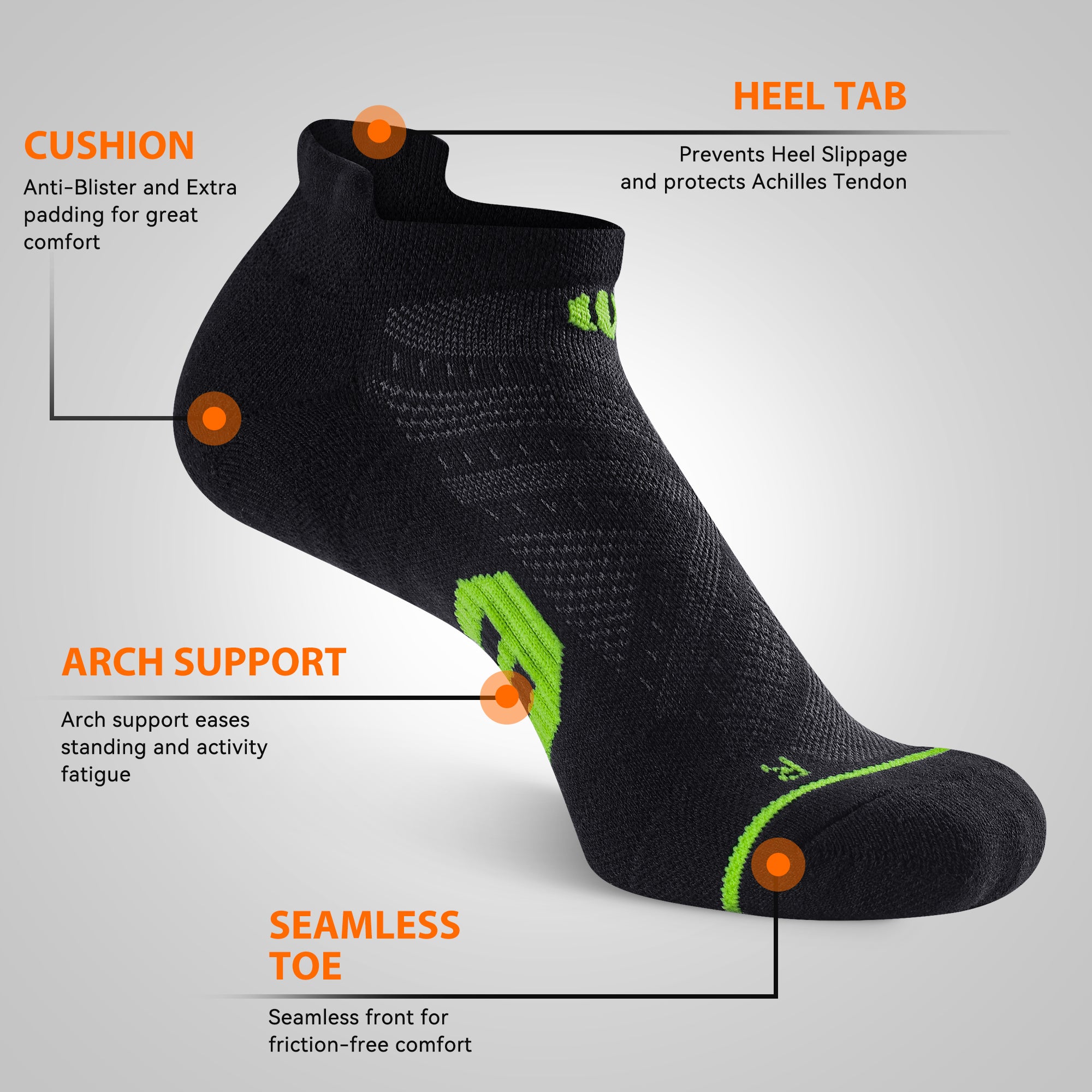 6 Pairs Low Cut Running Socks - Black/Green