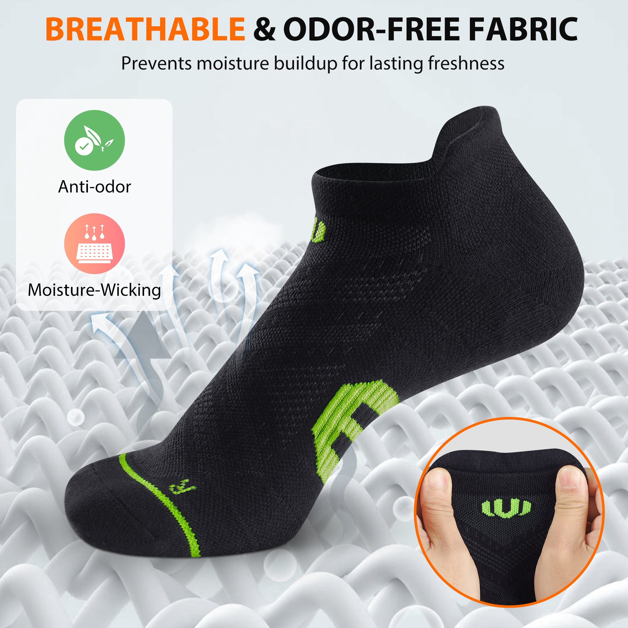 6 Pairs Low Cut Running Socks - Black/Green